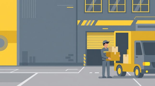 Delivery Courier Carrying Boxes Near Yellow Truck