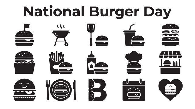 National Burger Day icons, black burger symbols, restaurant illustrations, food vector graphics