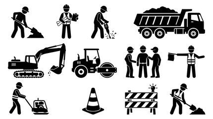 Fototapeta premium Industrial building site equipment and labor silhouette icon set.