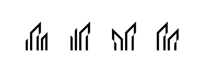 Obraz premium Real estate logo. Modern city building, apartment, residence, architecture, construction, skyscraper, cityscape, planning and structure design symbol.