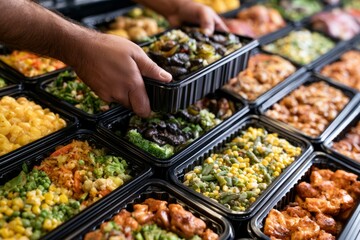Obraz premium Grocery Clerk Rotating Prepared Meal Containers in Grab-and-Go Cooler