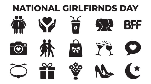National Girlfriends Day icons, friendship symbols, relationships, love, Valentine's Day, 15 vector graphics