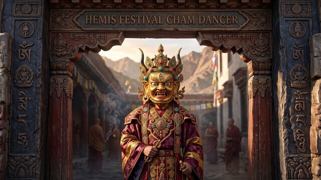 Hemis Festival Cham Dancer Beneath Ancient Monastery Archway