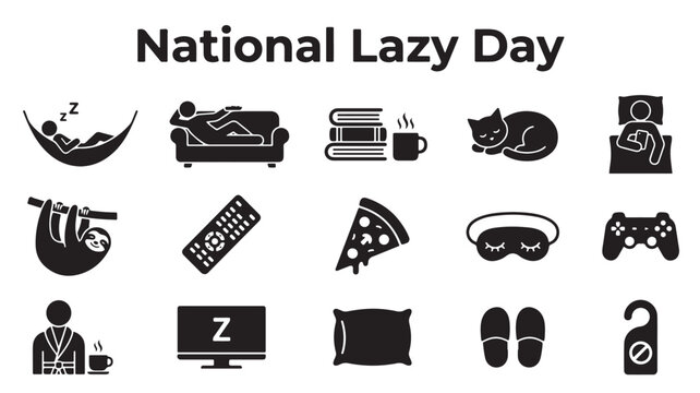 National Lazy Day icons, relaxation symbols, leisure vector set, 15 lazy lifestyle illustrations