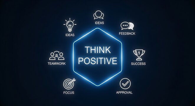 Think Positive Text Inside Glowing Hexagon with Business Icons Digital Style