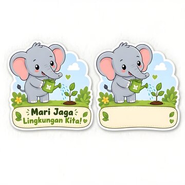 A sticker set featuring a cute cartoon elephant watering a sprout. Includes one version with Indonesian text "Mari Jaga Lingkungan Kita!" and one blank label.