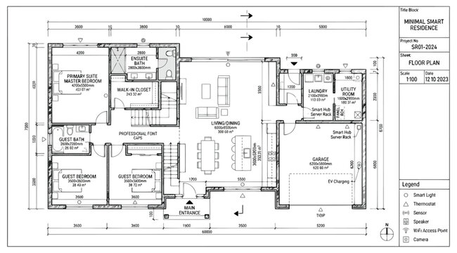 Architectural floor plan of a modern residential house with living area, bedrooms, and garage
