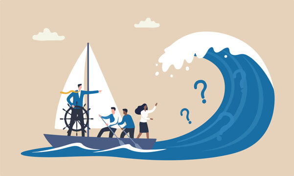 Courage survive crisis, challenge or risk taker concept, businessman captain point finger to lead team sailing boat to survive big wave storm
