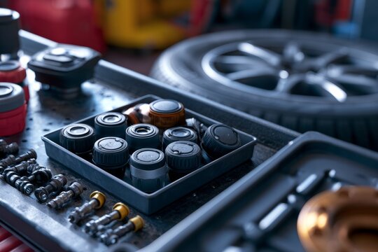 TPMS Sensors and Valve Stems in Tray at Tire Service Shop Counter
