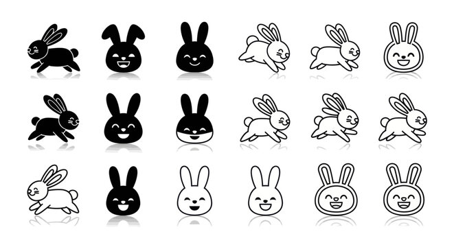 Running rabbits and bunny head icons with reflections.