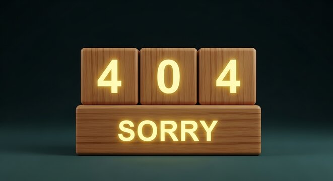 Wooden blocks displaying 404 error message with sorry text in a dark minimalist style