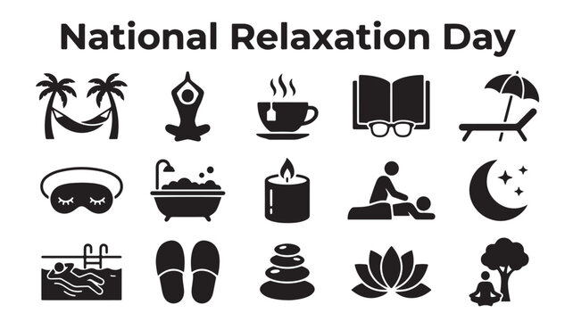 National Relaxation Day, relaxation icons, wellness symbols, stress relief, vector graphics