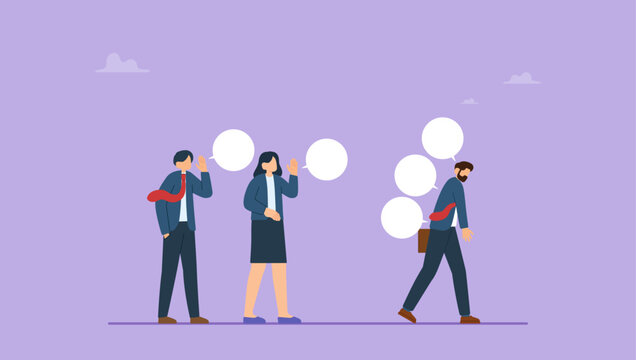 Business people gossip or talk behind colleagues in the office. Workplace gossip, talking behind in the office, work bullying, chatter or rumor, rudeness voice or wrong information telling concept.