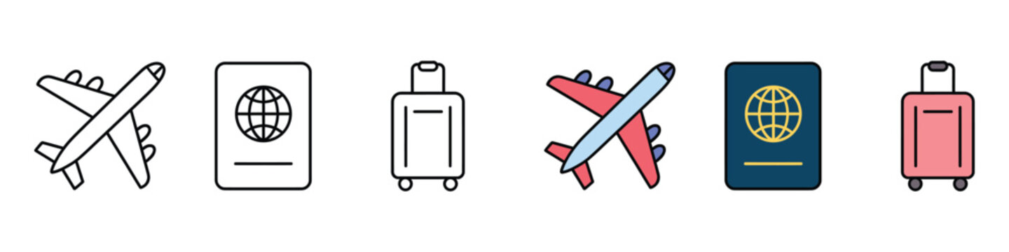 Travel icon set with airplane passport suitcase. Vector illustration of realistic tourism flight flat symbol, colorful vacation trip baggage international document template on white background.