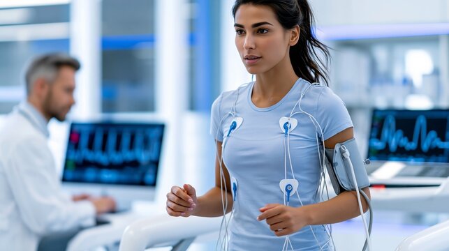 Adult patient walking on treadmill during cardiac stress test in clinic