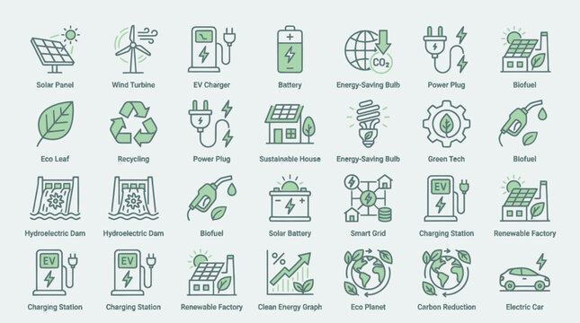 Green renewable energy and ecology icon set.
