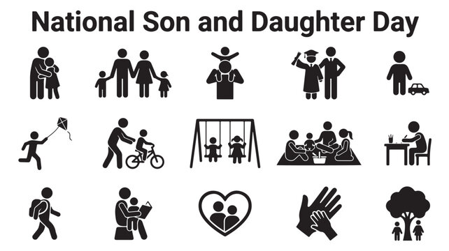 National Son and Daughter Day icons, family symbols, parent child illustrations, black vector graphics