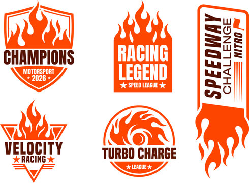 Racing logo set with orange fire flames and speed championship badges vector