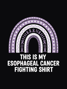 A stylized purple rainbow with the phrase 'This is my esophageal cancer fighting shirt.' Features symbolic awareness ribbons.