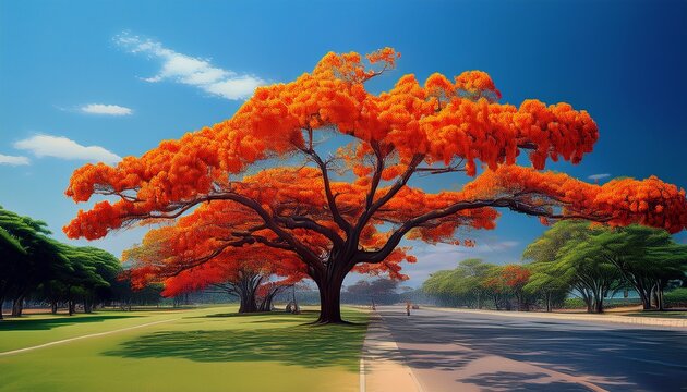 The Royal Poinciana Tree Flamboyant Flametree With Royal Orange Poinciana Flowers Brightening Park Under Clear Blue Sky Flam Boyant