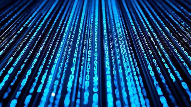 Blue binary code streams on dark background