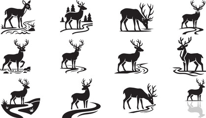 Fototapeta premium Black silhouette deer icons with different poses and scenery