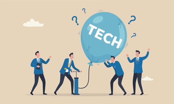 Technology economi and greedy investors concept, businessmen investor take risk by pumping air into ready to burst balloon with the word TECH