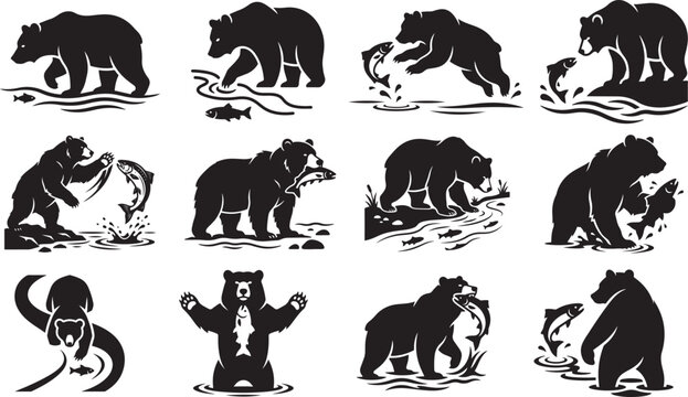 Black silhouettes of bears catching fish in various poses and movements on white background