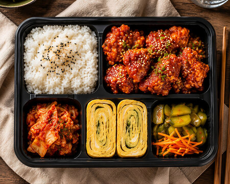 Korean Bento Box Dosirak with Spicy Fried Chicken, Rice, Kimchi, and Rolled Omelet