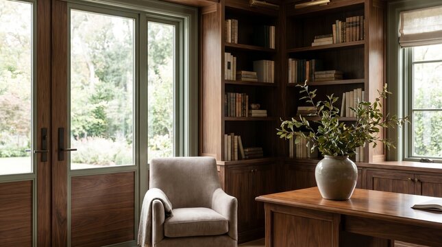 Home or library office with custom wooden bookshelves, serene outdoor views