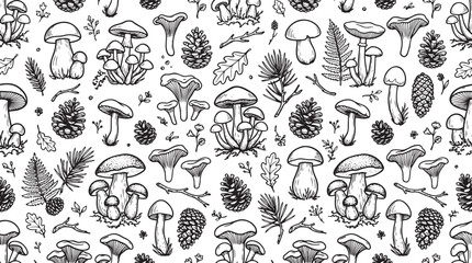 Naklejka premium Hand Drawn Woodland Mushroom Seamless Pattern with Forest Botanical Elements