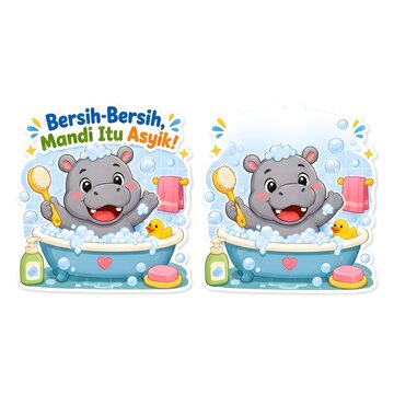 A sticker set of a happy hippo in a bubble bath. Features one version with Indonesian text "Bersih-Bersih, Mandi Itu Asyik!" and one with a blank banner area.