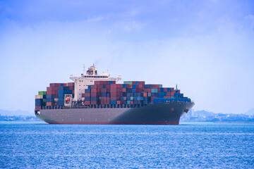Fototapeta premium Aerial view of the freight shipping transport system cargo ship container. international transportation Export-import business, logistics, transportation industry concepts 