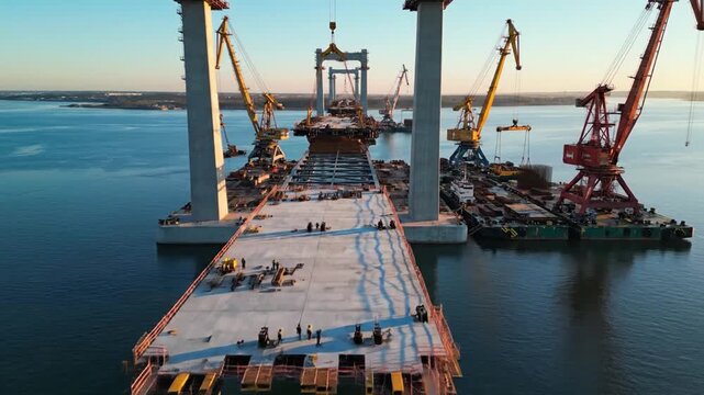 Aerial view of bridge construction over water with industrial cranes
