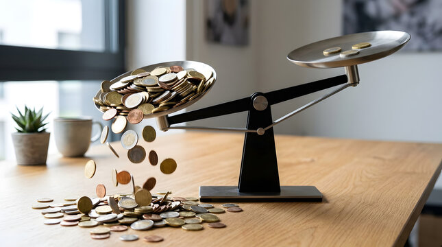 Balance scale losing coins on one side, financial instability, inflation, risk assessment, and budget deficit concept