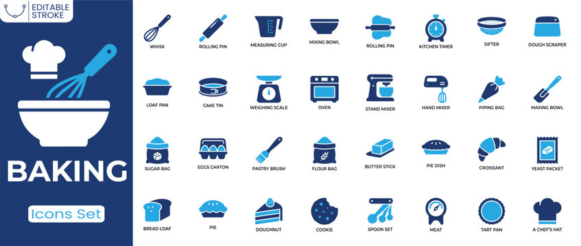 Baking icon set. Containing baking tools, pastry ingredients, kitchen equipment and more. Solid vector icons collection