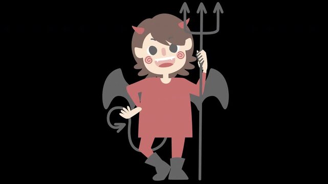 animated video happy halloween holiday festival with boy wearing little devil costume holding trident, overlay transparent prores 4444 4K