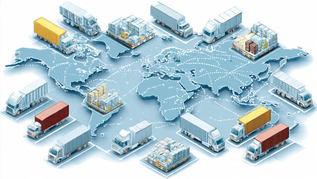 isometric world map with interconnected cargo trucks in shades of blue and yellow for logistics and transportation concepts