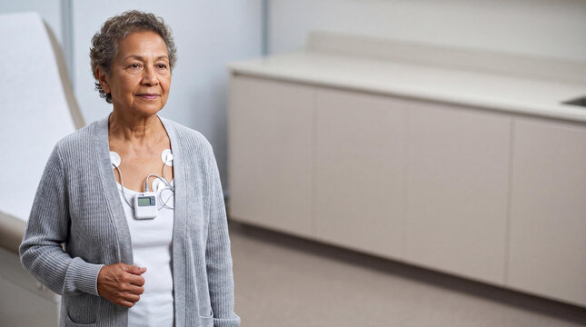 Senior woman wearing a holter monitor for heart rhythm testing. Patient undergoing cardiovascular system examination in a clinic. Diagnostic medical equipment for chronic heart disease.
