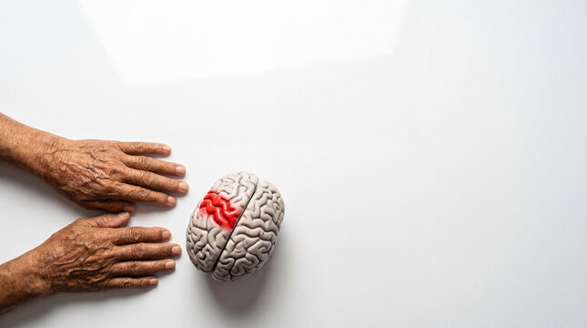 Elderly woman hands near anatomical brain model with red highlighted area representing stroke. Cardiovascular health concept and neurovascular disease risks in aging population. Clinical study.