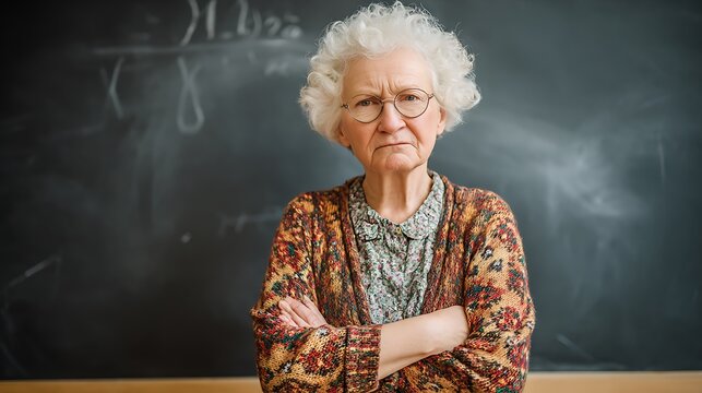 Serious elderly female teacher standing in front of a chalkboard.