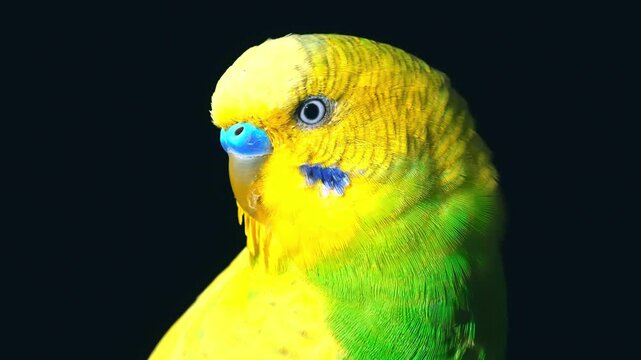 Close up profile portrait of a beautiful bright yellow and green pet budgerigar parakeet bird looking ahead against solid black background