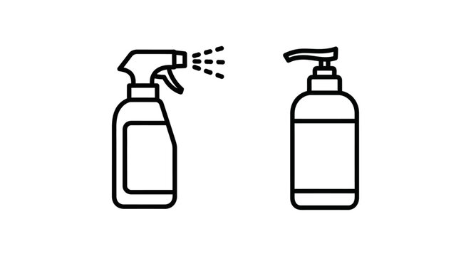 Disinfection spray and hand sanitizer icons with disinfection sanitizer cleaning sanitation protection prevention bacteria chemical dispenser minimalist isolated coronavirus