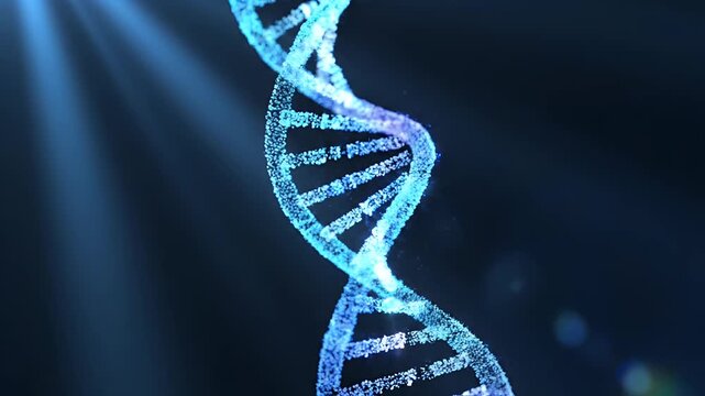 Abstract visualization of a glowing DNA double helix on a dark background with light rays.