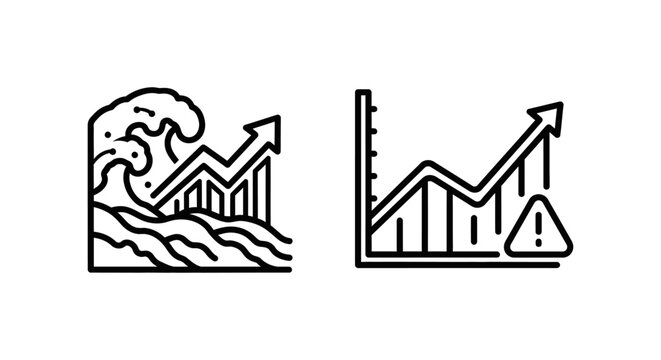 Coastal erosion analytics and financial risk trend line charts icons with analytics business environment management strategy analysis planning performance forecast economic