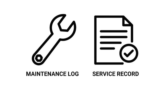 Maintenance wrench tool and service record document icons with maintenance document engineering technical confirmation approval validated verified mechanic industry industrial