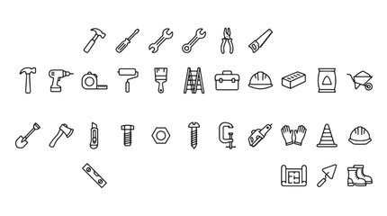 Obraz premium Construction tools, icons, and equipment, 25 line drawing symbols, black and white