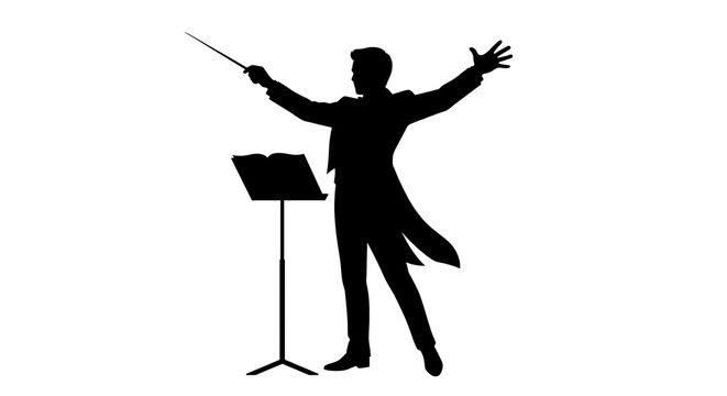 Male orchestra conductor silhouette with baton and open score