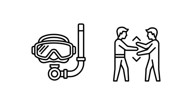 Scuba diving safety gear and buddy system check icons with underwater swimming equipment communication protection vacation adventure training protocol procedure activity
