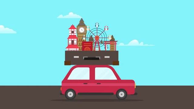Travel Concept with Red Car Carrying World Landmarks in Suitcase cartoon animation